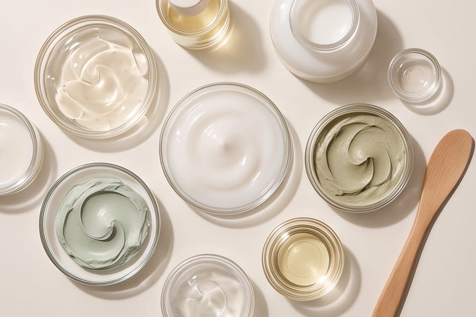 Various cosmetic base containers holding different textures and ingredients