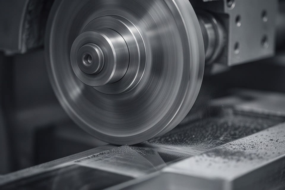 A high speed rotating diamond wheel processing a semiconductor package at the micron level