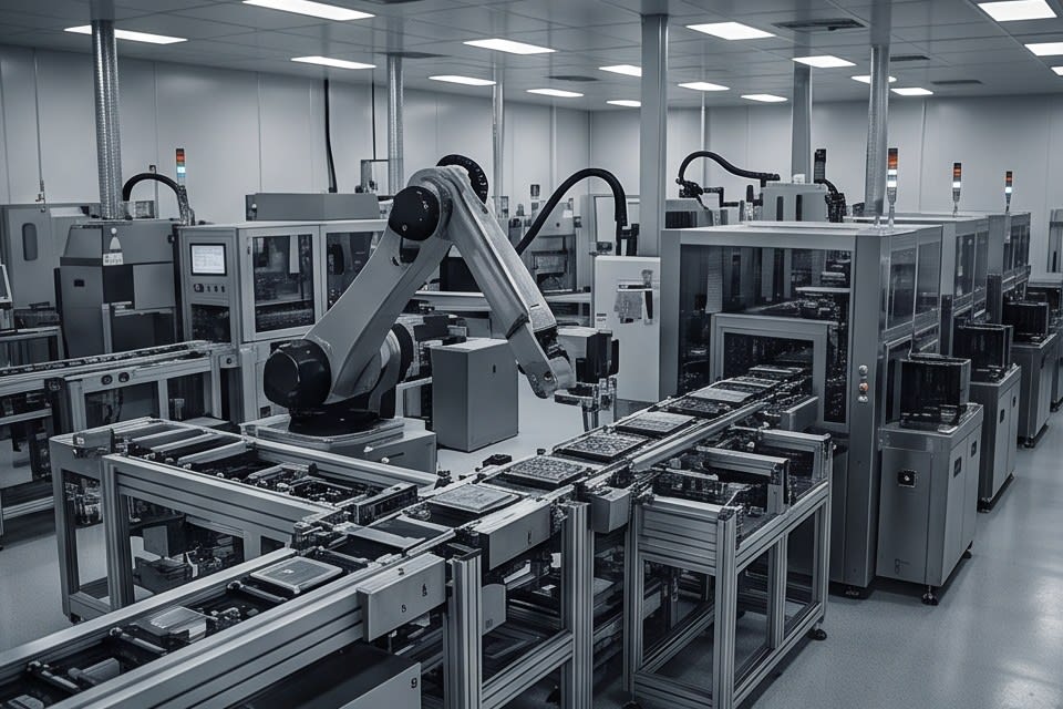 Interior of a cleanroom with a multi step cleaning system and automated process line installed
