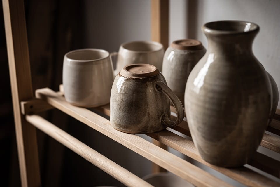 선반 위에 정갈하게 놓인 각기 다른 형태의 도자기들