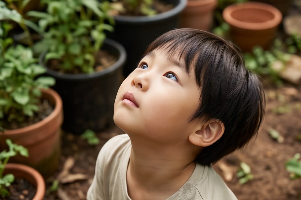 식물이 담긴 화분 사이에서 하늘을 호기심 있게 올려다보는 아이