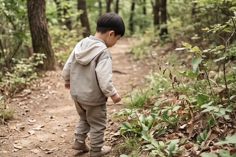 숲길을 홀로 걸으며 주변의 식물을 관찰하는 아이