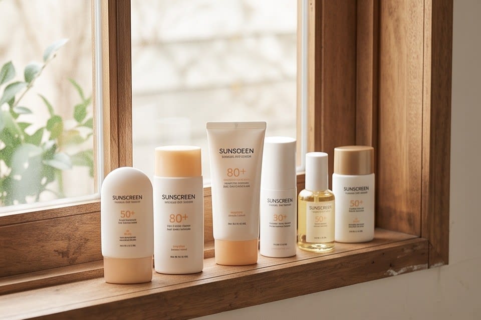 Various sunscreen containers placed by a window