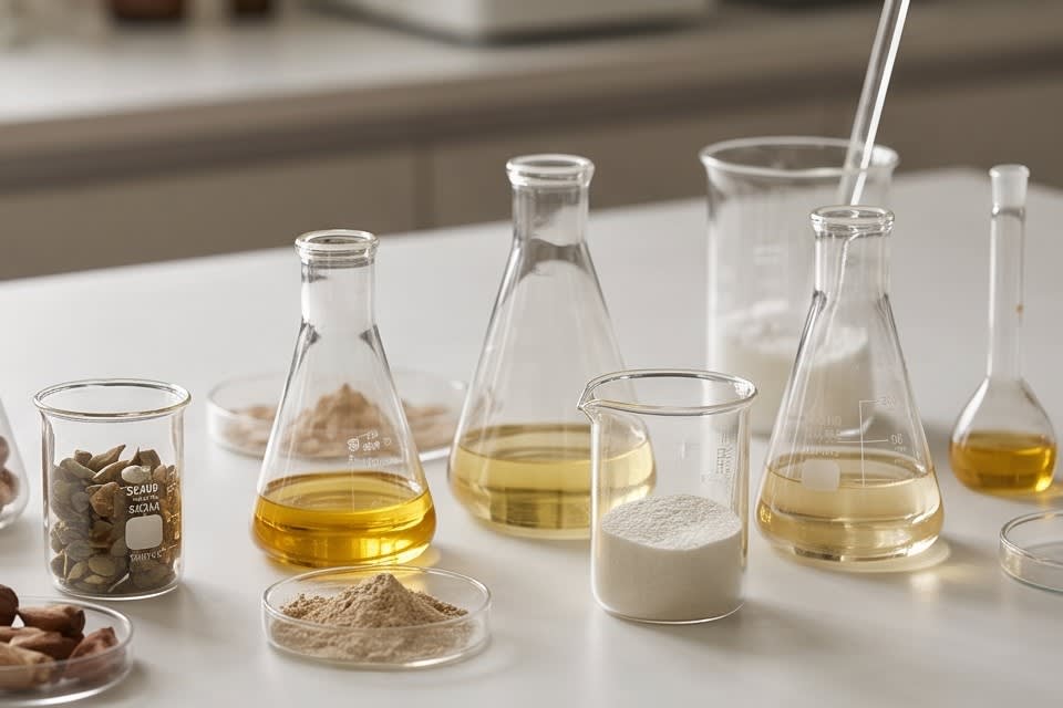 Laboratory beakers, flasks, and ingredient samples