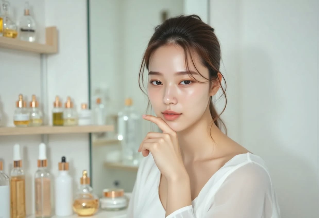 A person checking skin condition in a space where cosmetics are displayed