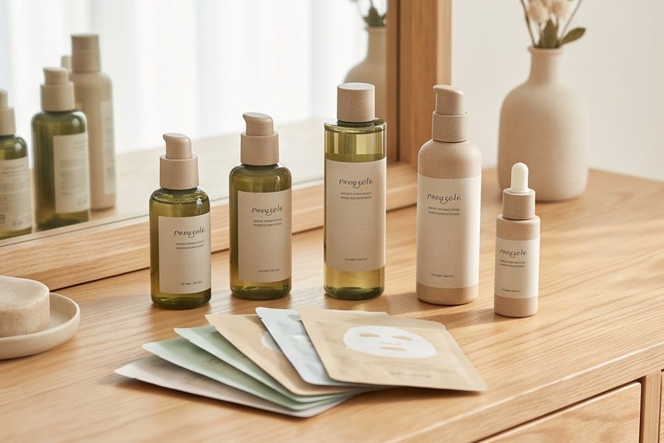 Various skincare products neatly arranged on a vanity
