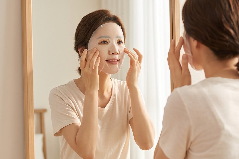 A person applying a sheet mask while looking in the mirror