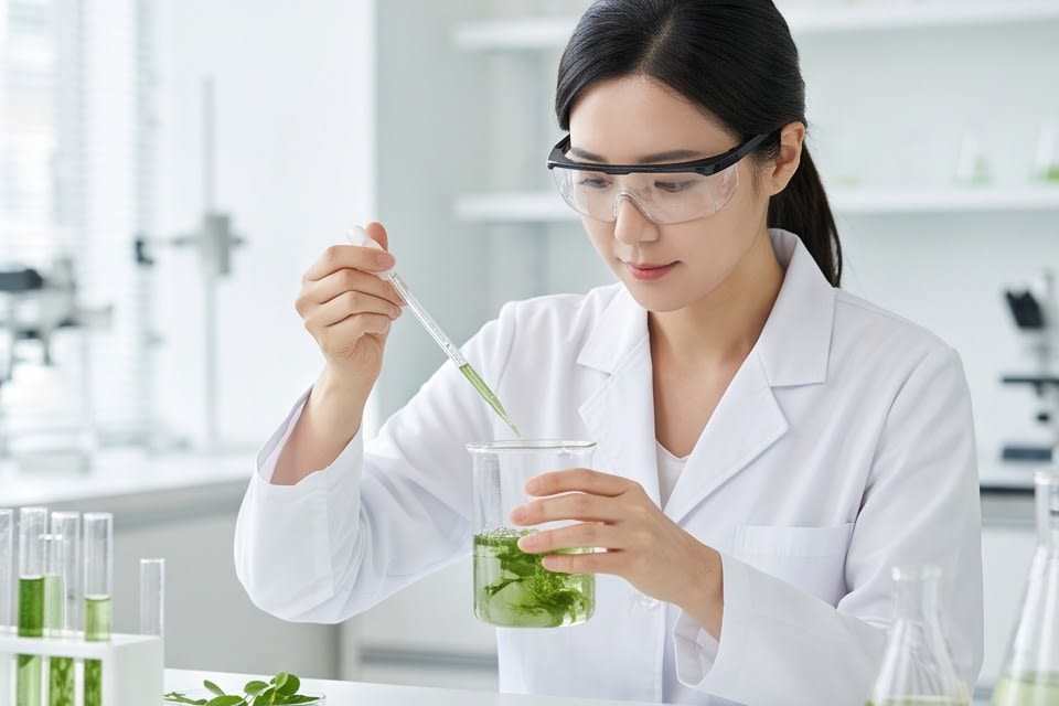 A researcher blending ingredients and checking extracts in a laboratory