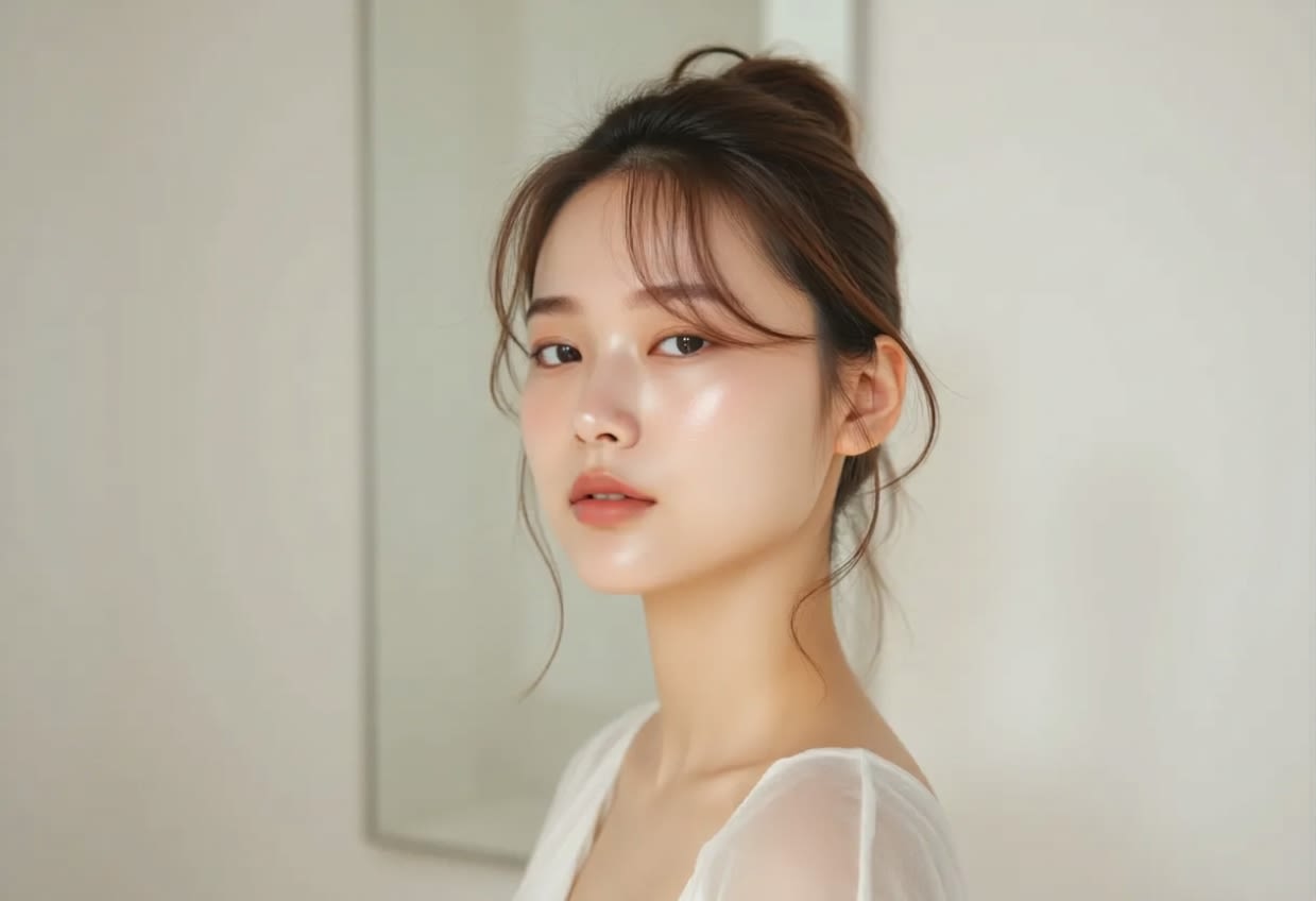 A model with makeup naturally adhered to glossy and smoothly refined skin