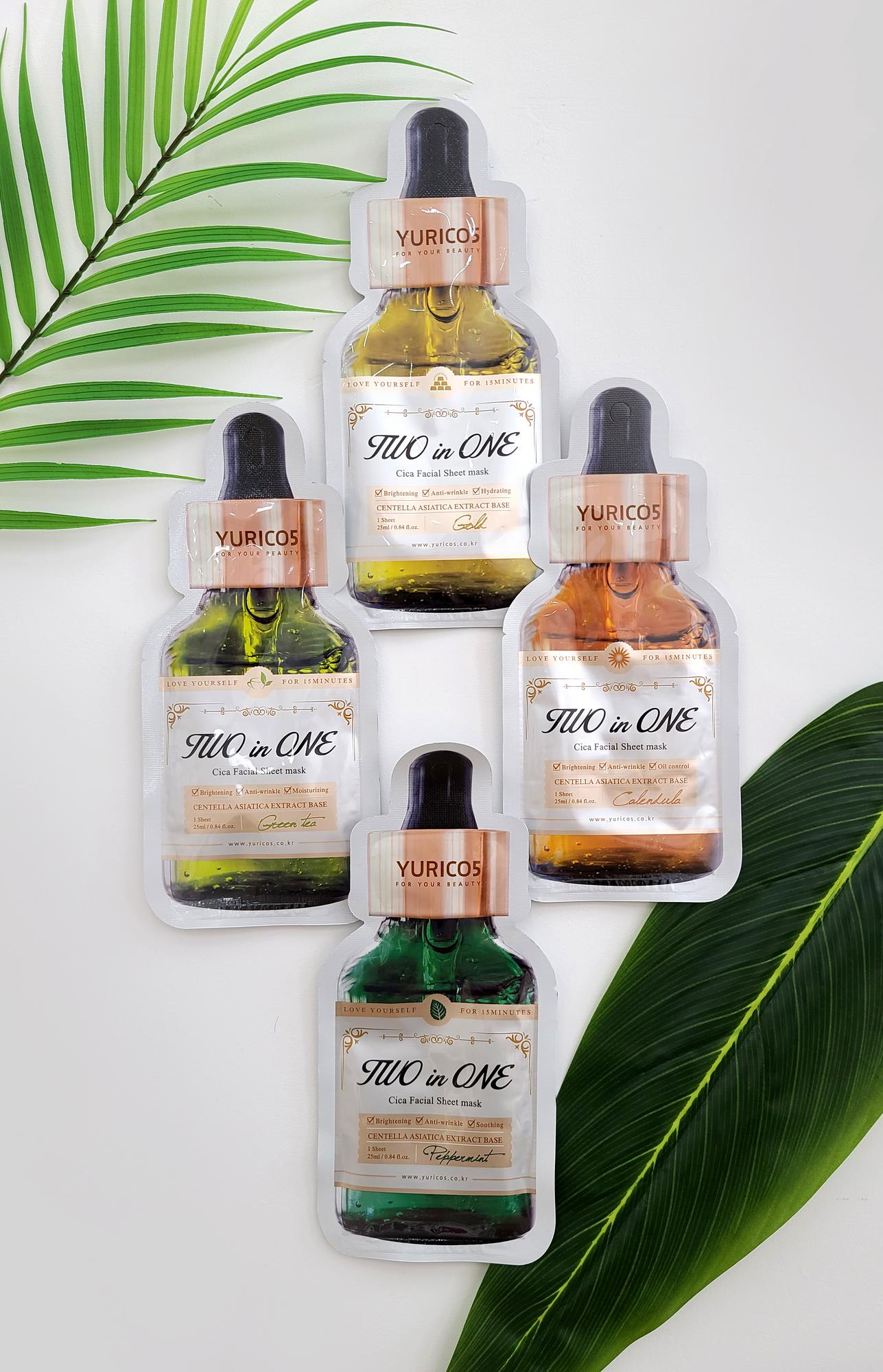 Sheet mask products highlighting various botanical ingredients are arranged side by side.