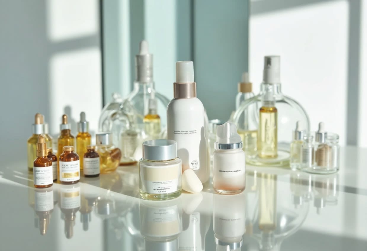 Various skincare products that support skin care are neatly arranged.
