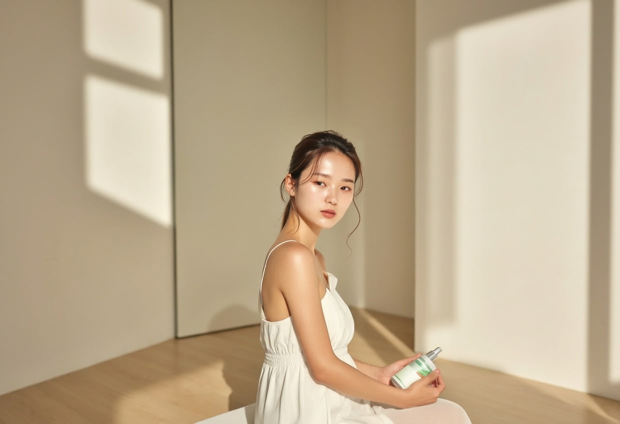 A person with calm and healthy skin standing in warm sunlight
