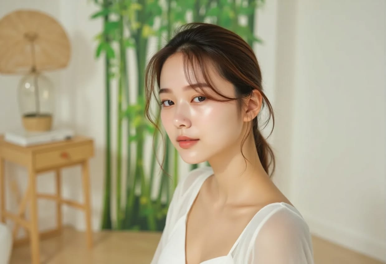 A person showing clear and vibrant skin in front of a bamboo-forest-inspired background