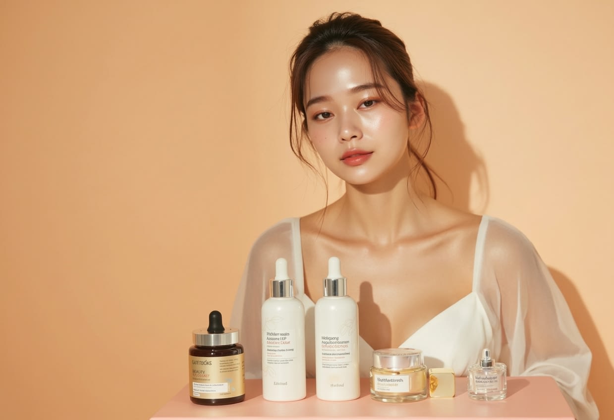 A variety of cosmetic products and a person with clear skin