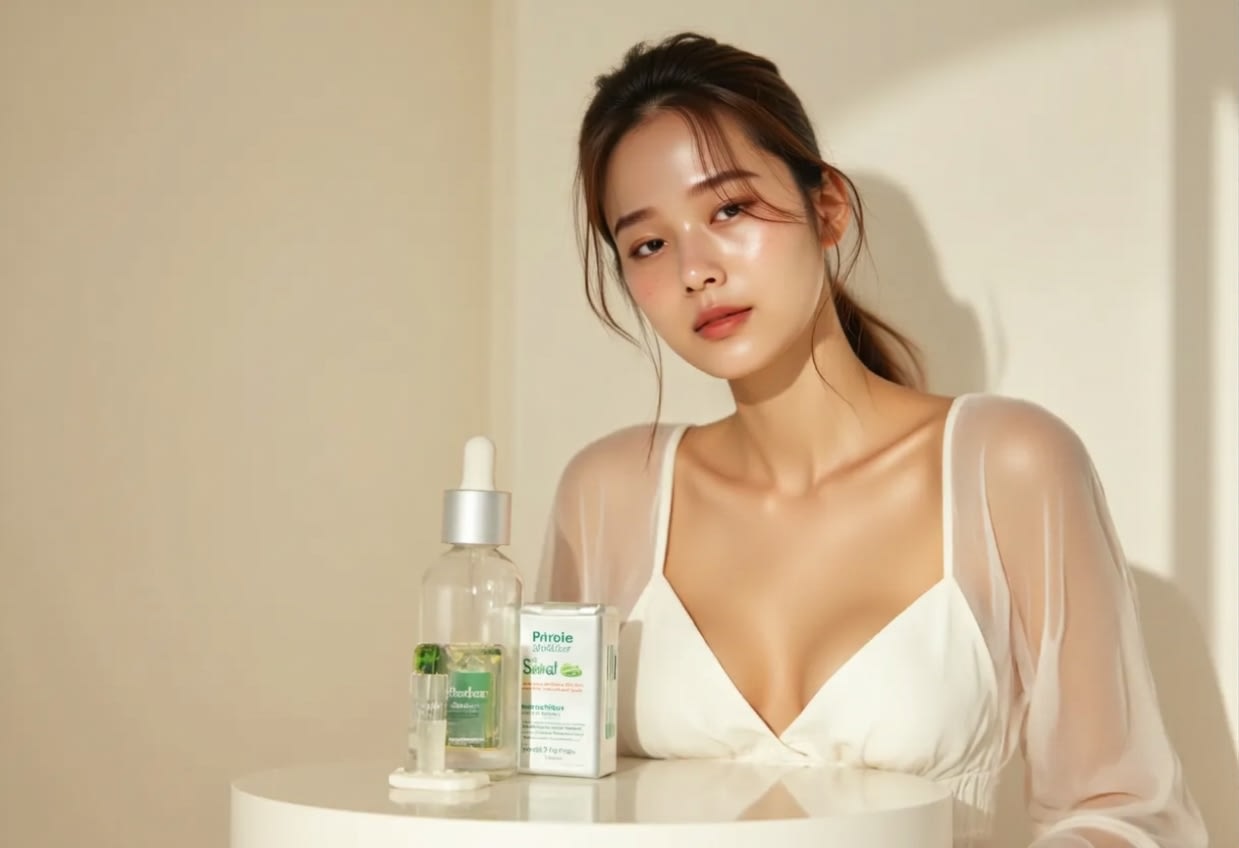 A person with healthily glowing skin and the product
