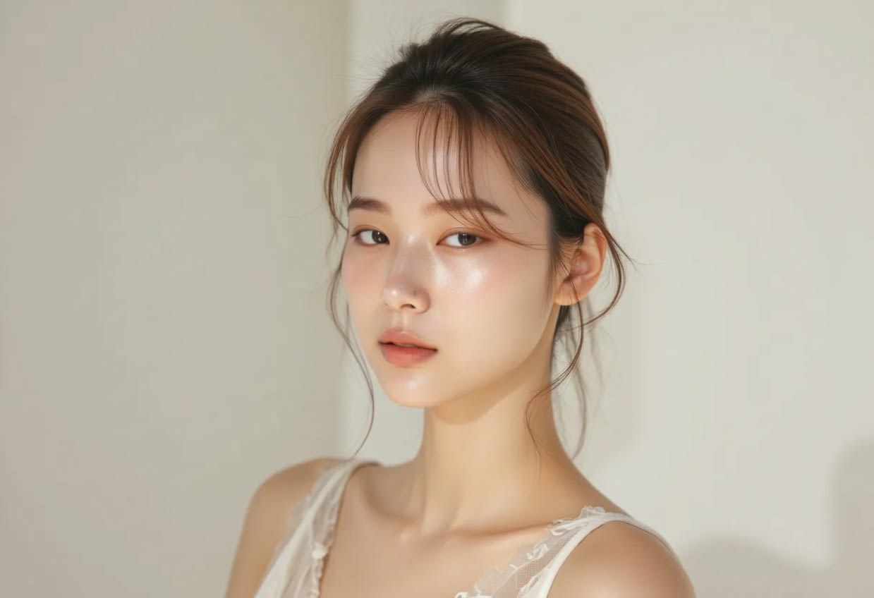 A photo of a model showing clear and firm skin around the eyes through care.