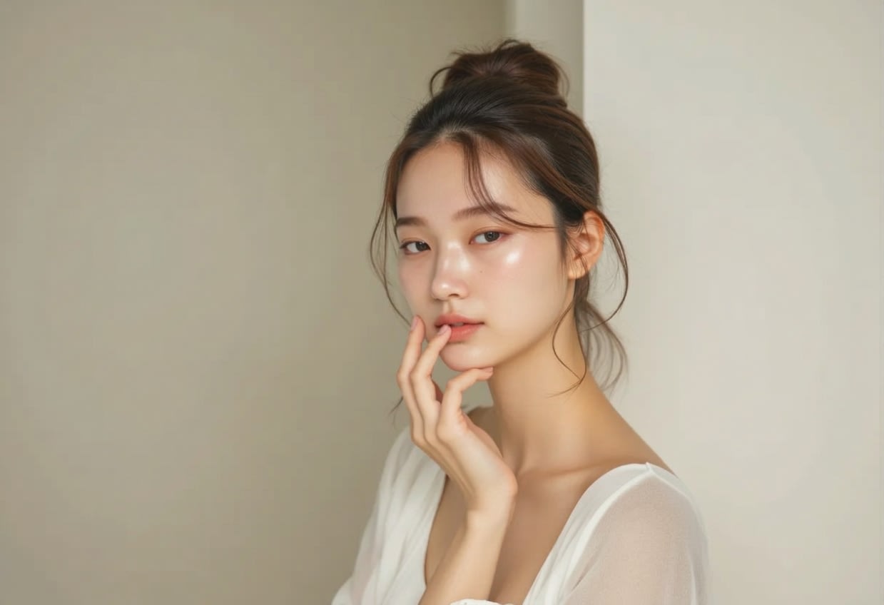 A photo of a model with clear skin checking the skin around the eyes while looking in a mirror.