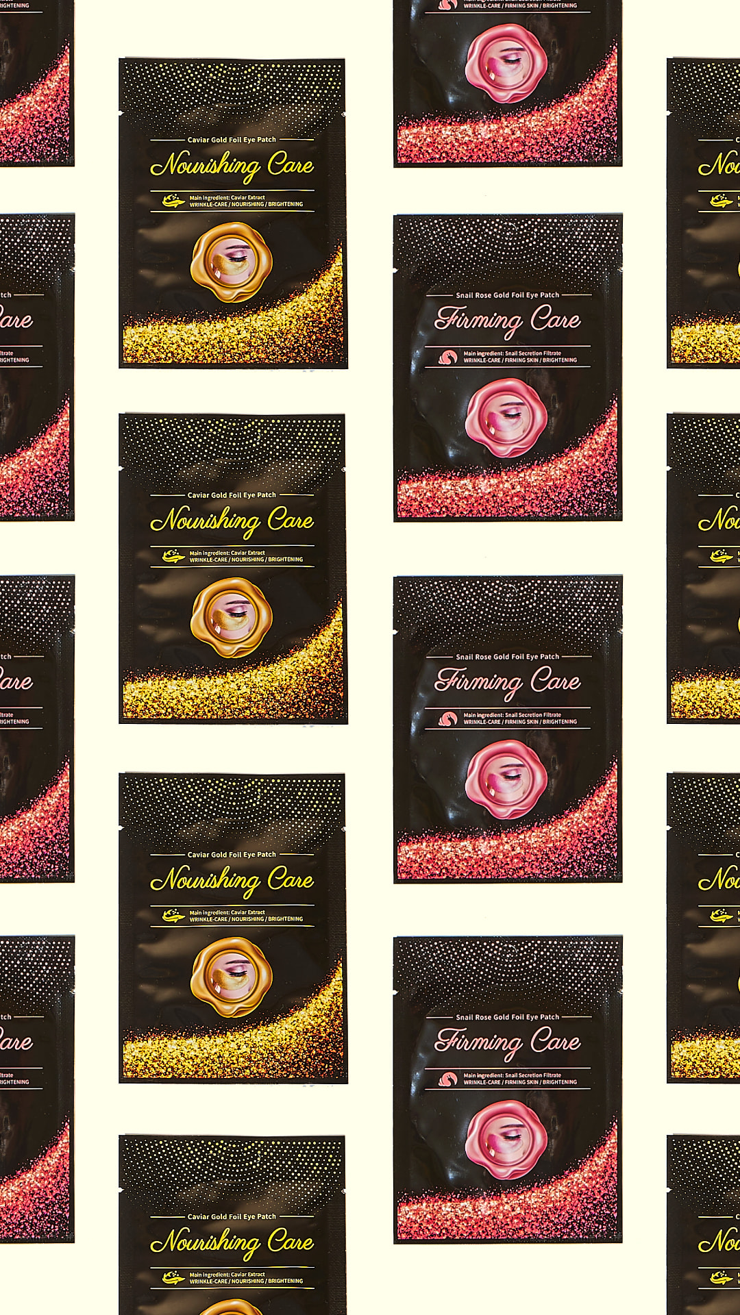 Several eye patch product packages containing caviar and snail ingredients are lined up.