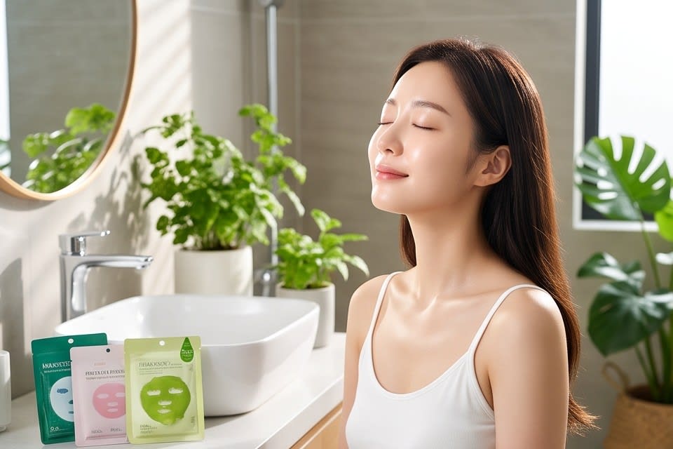 A person comfortably using a sheet mask in front of the sink while caring for their skin