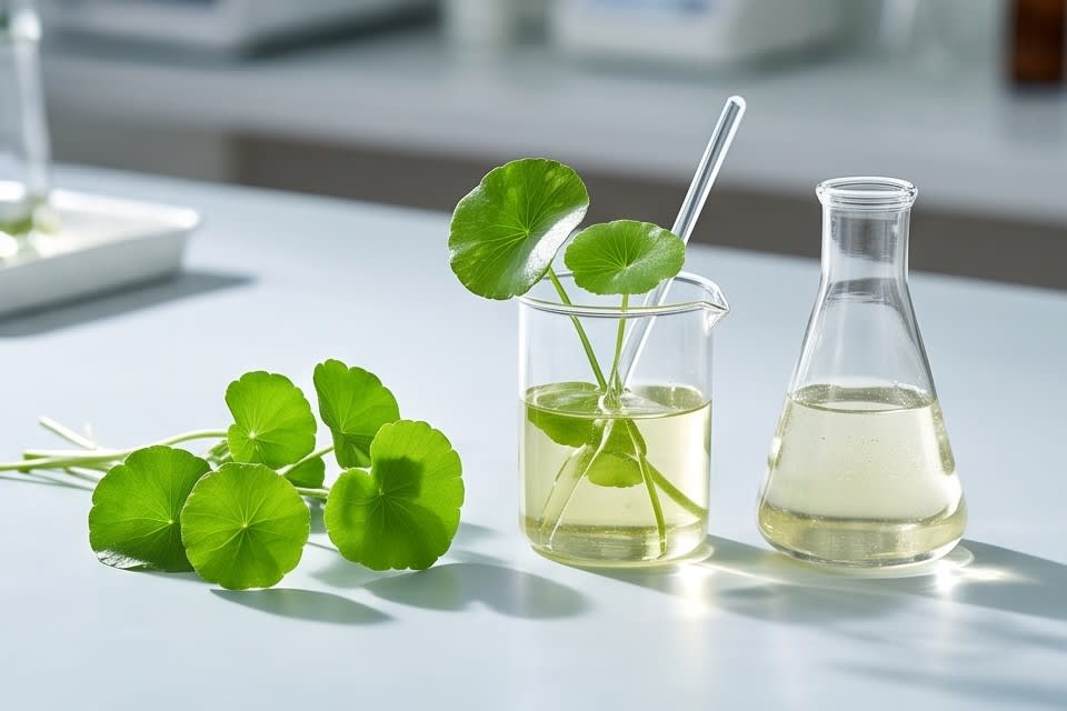 A scientific ingredient blend with plants inside beakers and flasks