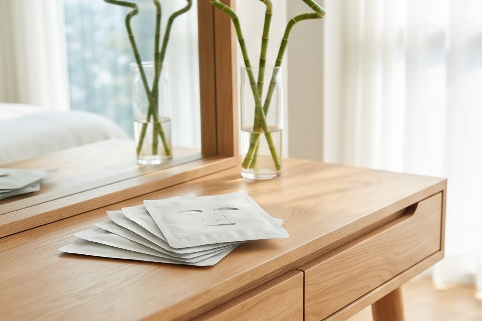 Mask packs and a bamboo plant placed naturally on a vanity.