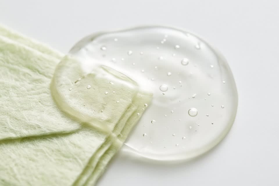 A transparent essence formula being absorbed into a mask pack sheet.