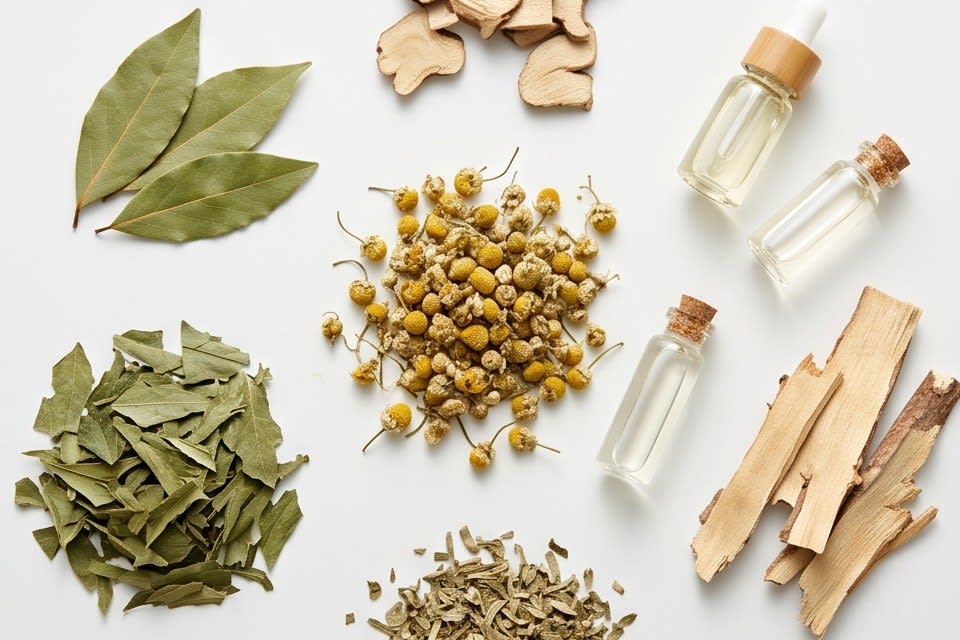 Various plant-based raw materials and extracts arranged neatly.