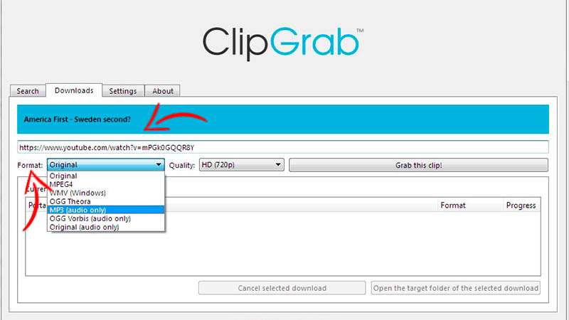 Captura de tela ensinando como usar o ClipGrab para converter mp3