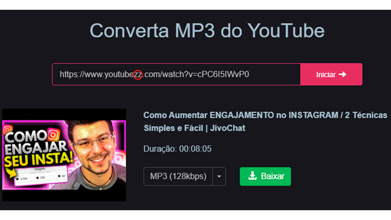 Captura de tela do conversor MP3 Y2meta