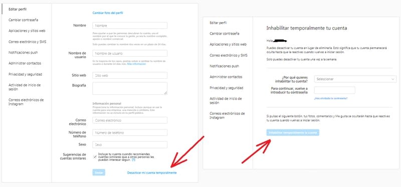 Cómo eliminar una cuenta de Instagram temporalmente desde un ordenador