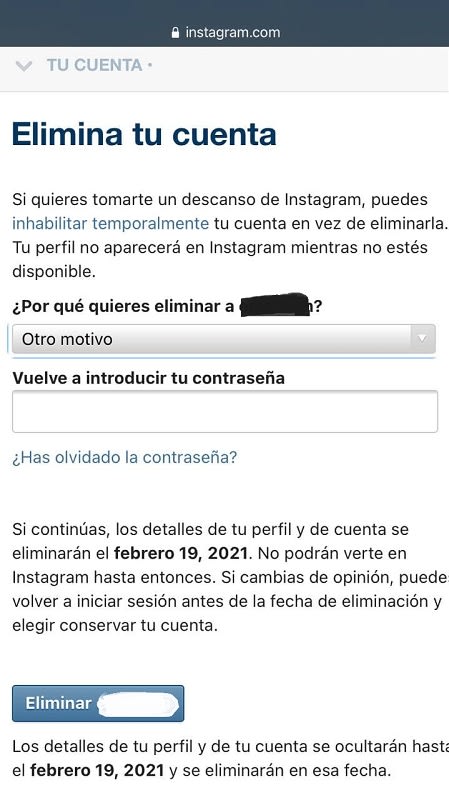 Cómo eliminar una cuenta de Instagram definitivamente desde un móvil paso dos