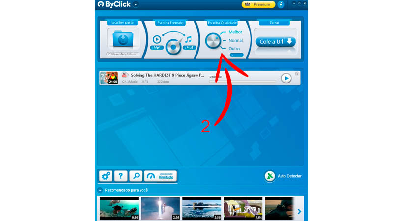 Interface do ByClick Download com seta apontando para o botão "Escolha a qualidade"