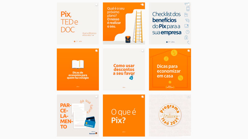 Feed do Instagram da empresa Itau usando o contraste entre branco e laranja para criar um efeito de xadrez