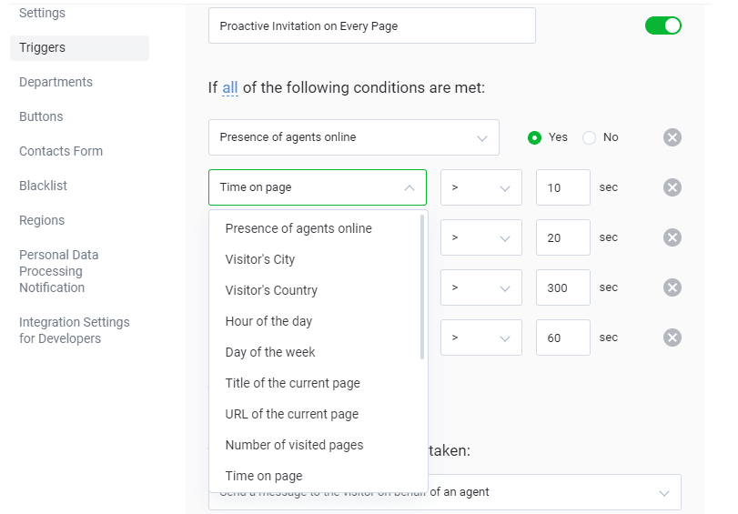 Jivo Chat software page to set up triggers