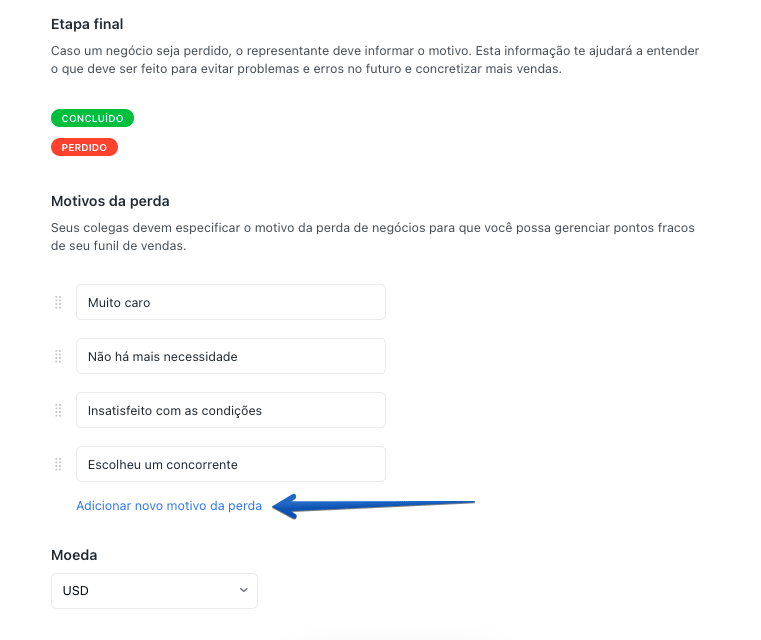 Caputa de tela indicando botão para adicionar motivo para uma perda