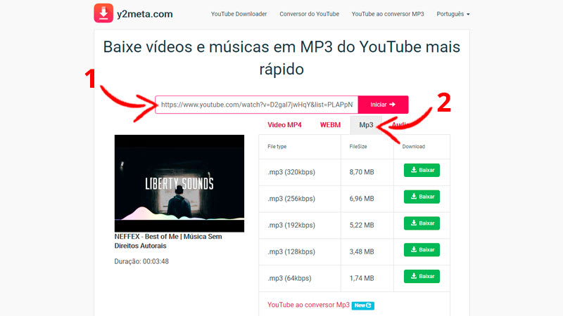 Tela inicial do site y2meta com instruções de download