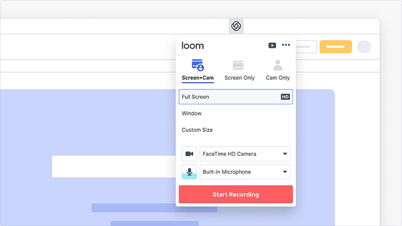 Tela do programa Loom com as configurações de tela, microfone e câmera e o botão para iniciar gravação