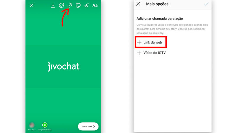 capturas de tela de como adicionar link nos stories