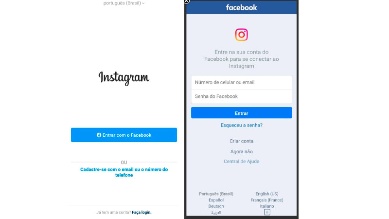 Printscreen da tela para criar uma conta no Instagram através do facebook.