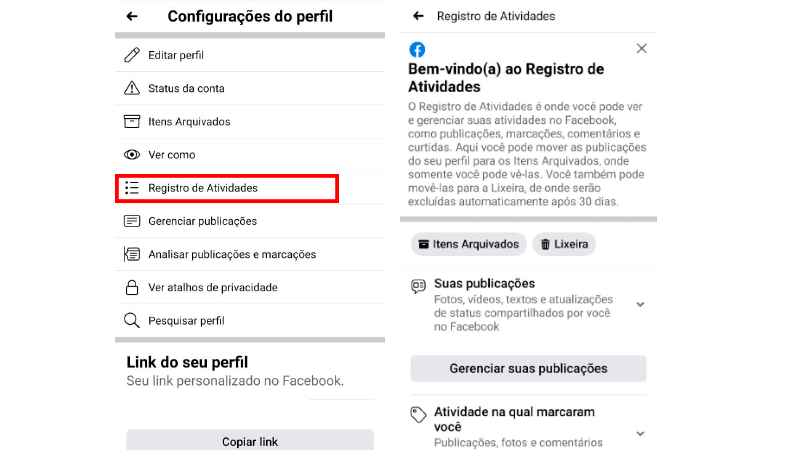 Printscreen de como chegar ao registro de atividades para ver as páginas que você curtiu