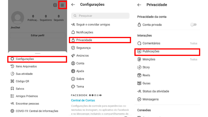 Print Screen de como desativar as curtidas de todas as publicações no Instagram