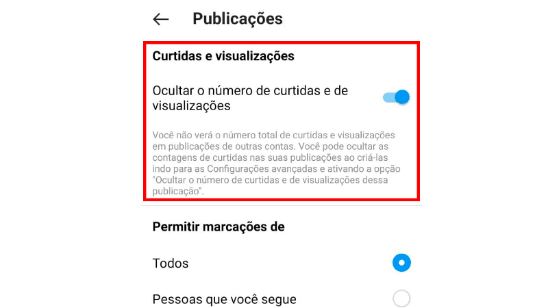 Print Screen de como desativar as curtidas de todas as publicações no Instagram, continuação.