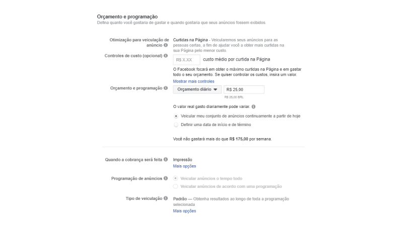 Print screen de controle e programação de gastos no Facebook ads