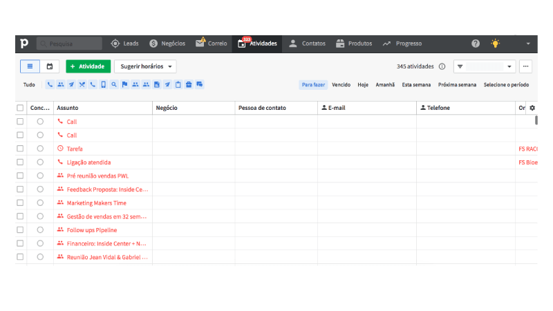 Print Screen da interface do CRM Pipedrive