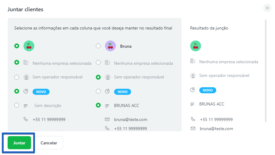 Central de atendimento do JivoChat para juntar clientes duplicados