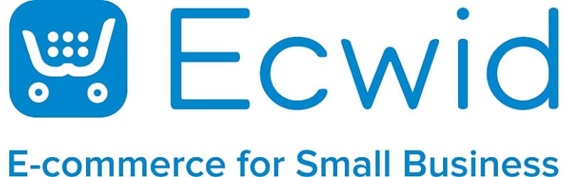 Ecwid logo written in blue, on the left side there is a shopcart icon and unde the brand's name it's' written "E-commerce for Smal Businessl"