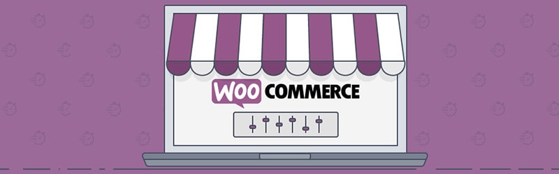 In a purple background, there is a laptop illustration where it's written the Woo Commerce logo on the screen