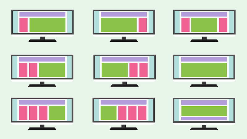 The image shows several desktop screens, each one of them with a different type of layout structure.