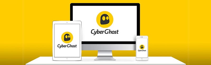 CyberGhost's logo showed in desktop, tablet and a smartphone screen