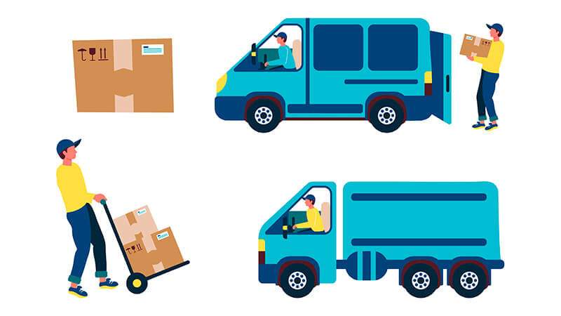 Ilustração de etapas de carregamento de caixas em caminhão